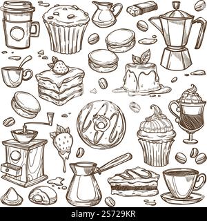 Dessert serviti con bevande a base di caffè, ciambelle e cupcake con panna, crostata con formaggio e fragole. Budino e macaron al cioccolato, latte o espresso da asporto. Contorno di schizzo monocromatico, vettore. Caffè e dessert, torte e dolci Illustrazione Vettoriale
