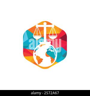Concetto di logo del tribunale internazionale e della Corte suprema. Scala sul design icona del globo. Illustrazione Vettoriale