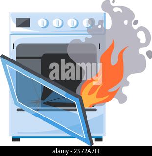 Forno nel fuoco, fornello isolato con fiamme e fumo, elettrodomestici da cucina pericolosi che causano problemi. Apparecchiature tecnologiche di surriscaldamento e malfunzionamento per la cottura e la preparazione degli alimenti. Vettore in piano. Forno rotto o fornello incendiato, malfunzionamento danneggiato Illustrazione Vettoriale