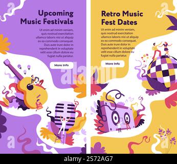 Date rétro Music fest, informazioni sui prossimi festival per i visitatori. Persone che suonano canzoni alla chitarra, ascoltano gli altoparlanti e ballano con la discoteca. Sito Web o landing page, vettore in piano. Prossimi festival musicali, rétro date festival web Illustrazione Vettoriale