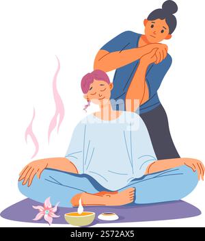 Procedure nel salone termale per le persone che si prendono cura della salute e del benessere. Personaggio femminile seduto in asana, coach che aiuta con i ritmi respiratori e il completamento degli esercizi. Rilassatevi e allenatevi. Aromaterapia e yoga, procedure nel salone spa Illustrazione Vettoriale