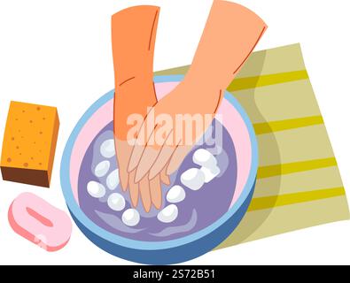 Trattamenti e cura della pelle e delle unghie. Donna immersa nel recipiente con acqua, olio essenziale aromatico o lozione, sapone con ingredienti naturali e pietre per un effetto idratante. Vettore in piano. Procedure per il centro benessere per mani e unghie nel salone spa Illustrazione Vettoriale