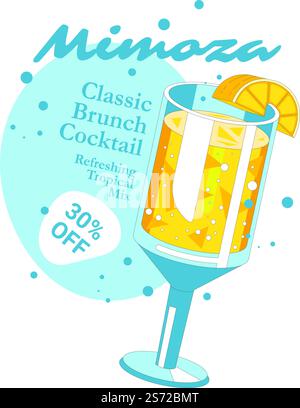 Cocktail rinfrescante, bevanda alcolica servita con fette di ghiaccio e limone. Ricetta classica e prezzo scontato presso il ristorante o la caffetteria, il ristorante o il negozio. Promozione speciale per i clienti, vettore in appartamento. Mimoza cocktail classico per il brunch, mix rinfrescante Illustrazione Vettoriale