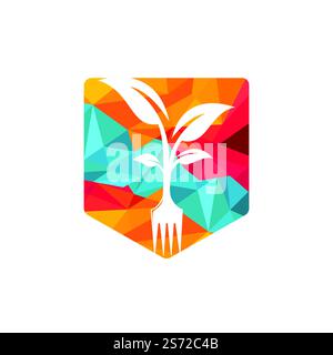 Disegno del logo vettoriale dell'albero della forcella. Concetto di ristorante e logo agricolo. Illustrazione Vettoriale