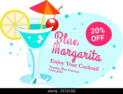 Prezzo ridotto sulle bevande alcoliche, margarita blu servita in bicchiere con ciliegia dolce, fetta di limone e ombrello decorativo. sconto del 20% sul menu del bar o del ristorante, vettoriale in appartamento. Cocktail Blue Margarita, sconto sul negozio Illustrazione Vettoriale