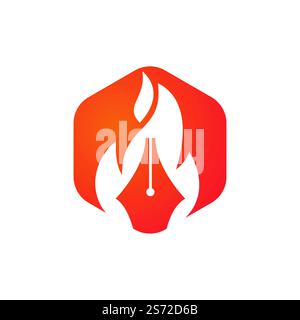 Fire Pen concetto di design del logo vettoriale. Icona del logo del vettore di scrittura a caldo. Illustrazione Vettoriale