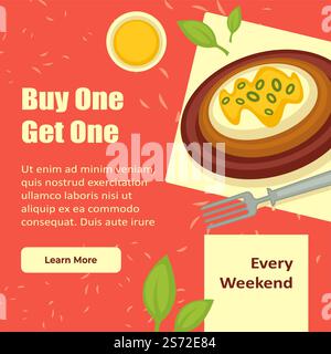 Ristorante o caffetteria a disposizione dei clienti. Acquistatene uno e riceverete un altro piatto in omaggio. Cibo e piatti deliziosi, omelette con cipolla primaverile ed erbe aromatiche. Sito Web o negozio Web, modello di pagina di destinazione, vettore in piano. Acquistando un piatto in più, l'offerta del ristorante Illustrazione Vettoriale