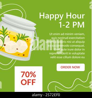 Sconti e sconti su cibo e pasti durante gli happy hour. Ristorante o caffetteria, bistrot o ristorante con zuppa e piatti gustosi con sconto del 70% sul prezzo. Sito Web o modello di landing page, vettore. Happy hour e sconti su cibo e piatti vettoriali Illustrazione Vettoriale