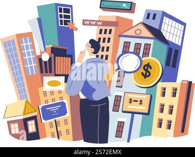 Personaggio maschile che pensa di comprare un appartamento o una casa, uomo che sceglie casa per vivere. Edifici e denaro, lente d'ingrandimento simbolo della ricerca scrutata del cliente. Investitore o agente immobiliare. Vettore in stile piatto. Cliente che sceglie casa da acquistare, esaminando le proposte Illustrazione Vettoriale