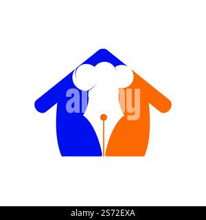 Food Writer Vector logo design. Cappello e penna dello chef con logo icona a casa. Illustrazione Vettoriale