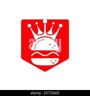 Burger King logo design vettoriale. Burger con logo Crown Icon concetto. Illustrazione Vettoriale