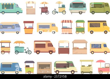 Le icone del festival del cibo di strada impostano il vettore dei cartoni animati. Mangiare in estate. Mercato dei chioschi. Le icone del festival del cibo di strada impostano il vettore dei cartoni animati. Mangiare in estate Illustrazione Vettoriale