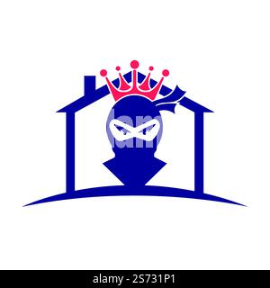 Logo King Ninja vettoriale. Logo Crown combinato con ninja e casa. Illustrazione Vettoriale