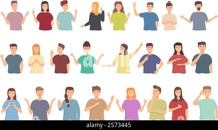 Le persone che parlano con le icone dei gesti delle mani impostano il vettore dei cartoni animati. La gente dice. Perdita di sordi. Le persone che parlano con le icone dei gesti delle mani impostano il vettore dei cartoni animati. La gente dice Illustrazione Vettoriale