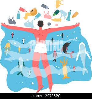 Contaminazione e inquinamento delle acque marine e oceaniche. Personale che protegge la natura e gli abitanti della marina dagli impatti dannosi. Pesci e delfini galleggianti sott'acqua. Salvare il pianeta, vettore in piano. Inquinamento idrico e contaminazione del mare o degli oceani Illustrazione Vettoriale