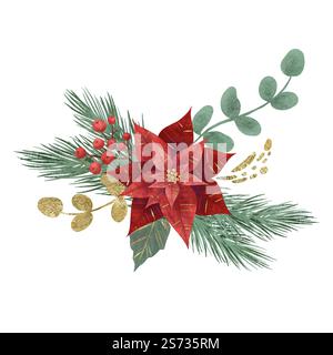 Composizione con punta rossa fiore di Natale, rami di abete, vegetazione e bacche isolate su sfondo bianco. Illustrazione digitale fatta a mano Foto Stock