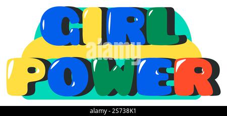 Adesivo con caratteri colorati, potere femminile, slogan femminismo e sostegno al movimento. Icona isolata con lettere divertenti. Emblema o logotipo. espressione femminista e femminile. Vettore in stile piatto. Potere femminile, adesivo con caratteri colorati vettoriali Illustrazione Vettoriale