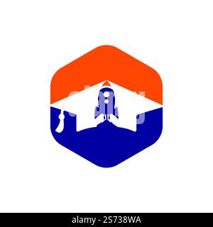 Tappo graduato con logo a razzo. Logo Rocket per l'educazione aeronautica o l'accademia. Illustrazione Vettoriale