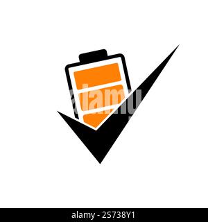 Modello di logo vettoriale con segno di spunta della batteria. Illustrazione vettoriale del modello di icona del logo della batteria dell'elenco di controllo. Illustrazione Vettoriale