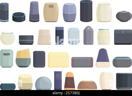 Le icone Smart Assistant impostano il vettore dei cartoni animati. Voce intelligente. Altoparlante digitale. Le icone Smart Assistant impostano il vettore dei cartoni animati. Voce intelligente Illustrazione Vettoriale