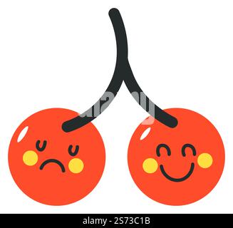 Carattere triste e positivo, personalità di ciliegie. Dessert o pasto biologico e salutare. Vitamine, bacche comiche e divertenti con espressione divertente. Menu nutrizionale e vegano, vettore in un'illustrazione piatta. Cherry ha isolato personaggi tristi e positivi Illustrazione Vettoriale