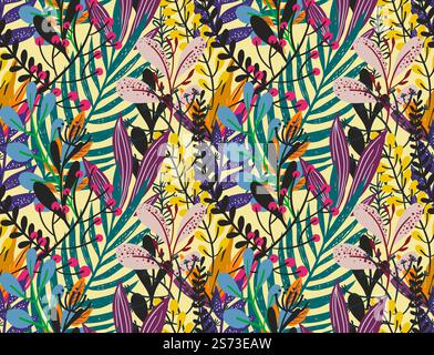 Foglie tropicali ed esotiche e fogliame, piante botaniche e decorazioni ornamentali. Monstera e palma. Motivo, sfondo o sfondo di stampa senza cuciture. Vettore in stile piatto, illustrazione. Lussureggiante vegetazione esotica o tropicale, ramificata con foglie Illustrazione Vettoriale