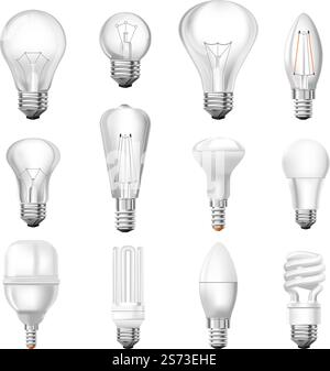 Assortimento di lampadine, varietà di lampade, elettricità. Tipi e forme, fluorescente ritorto, incandescente e mercurio, LED a globo, forma compatta per abitazioni domestiche. Vettore in stile piatto. Lampadine vettoriali di vari tipi e forme Illustrazione Vettoriale
