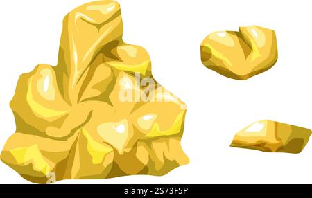 Metallo in oro grezzo e ruvido, pietra non finita preziosa per gioielli. Isolare parte di minerale, ricchezza e ricchezza, pagare e investire. Valore valutario e prosperità. Vettore in stile piatto. Oro minerale naturale, materie prime metalliche Illustrazione Vettoriale