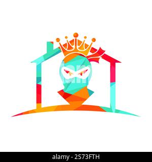 Logo King Ninja vettoriale. Logo Crown combinato con ninja e casa. Illustrazione Vettoriale