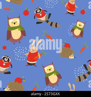 Simpatici personaggi animali, gufo con sciarpa invernale. Procione in camicia, coniglio con carota e riccio con mela che porta aghi. Vettoriale in stile piatto, motivo senza cuciture, sfondo o sfondo. Modello di animali, gufo in sciarpa procione e riccio Illustrazione Vettoriale