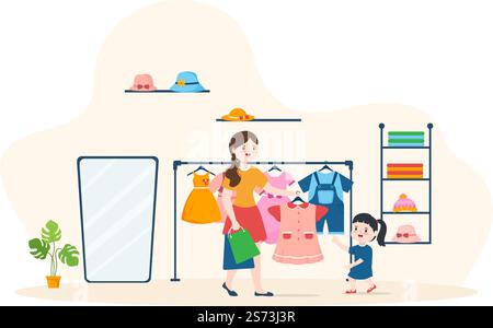 Kids Shop Building Template disegnata a mano Cartoon Flat Style Illustrazione con attrezzature per bambini come vestiti o giocattoli per il concetto di shopping Illustrazione Vettoriale
