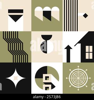 Moderna arte astratta, griglia o forme geometriche con semplice composizione di forme e linee. Opere d'arte retrò o vintage, Bauhaus o design della metà del secolo. Casa e ruota, cerchi. Vettore in stile piatto. Arte astratta contemporanea, quadrati geometrici Illustrazione Vettoriale