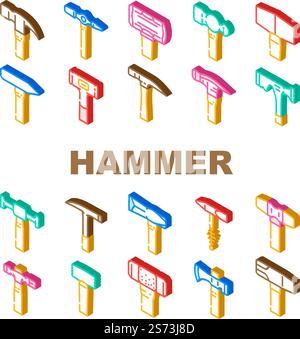 le icone di costruzione della punta del martello impostano il vettore. carpenteria in legno, lavori di attrezzature, riparazione di metalli, falegnameria in mazzuolo, costruzione di utensili a martello a mano, illustrazioni dei segni isometrici. le icone di costruzione della punta del martello impostano il vettore Illustrazione Vettoriale