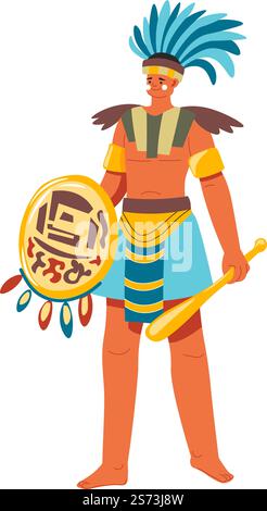 Soldato maya con scudo e arma, difesa e attacco. Antico personaggio isolato con copricapo in pelle e piume. Personaggio maschile, re o monarca imperatore. Vettore in stile piatto. Antico guerriero azteco con scudo, soldato maya Illustrazione Vettoriale