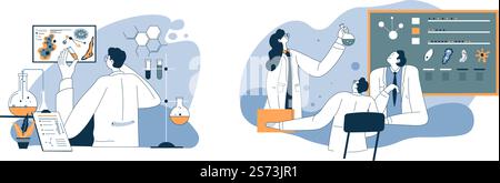 Team di scienziati che conducono esperimenti e scoprono nuove conoscenze nel campo della chimica e della biologia. Persone che lavorano su progetti, ricercatori in laboratori che scrivono informazioni a bordo. Vettore in stile piatto. Scienziati di chimica e biologia in laboratorio Illustrazione Vettoriale
