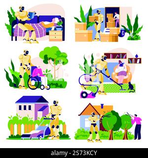 Umanoide o robot che assistono nelle faccende domestiche e ripuliscono. Taglio di rami di alberi e falciatura del prato, lettura di libri e assistenza per il trasporto di scatole. Aiutante per anziani. Vettore in stile piatto. Robot che aiuta con le faccende domestiche e pulisce Illustrazione Vettoriale
