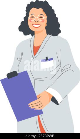 Infermiere con appunti contenenti diagnosi, carattere femminile isolato con graffetta. Medico o praticante, terapista personale medico professionale da cliniche o ospedale. Vettore in stile piatto. Medico donna con clip, terapista Illustrazione Vettoriale
