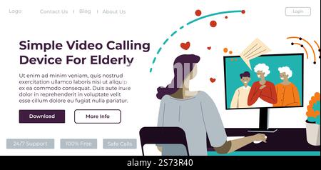Dispositivo o applicazione per videochiamate per anziani, app o laptop per parlare sul Web. Donna che chatta con i nonni. Modello di landing page del sito Web, sito Web di landing page online. Vettore in stile piatto. Semplice dispositivo per videochiamate per anziani Illustrazione Vettoriale