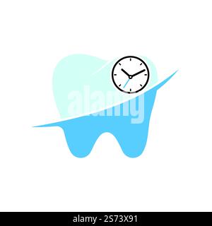 Modello di disegno del logo del vettore del tempo dentale. Disegno icona dente umano e orologio. Illustrazione Vettoriale