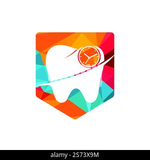 Modello di disegno del logo del vettore del tempo dentale. Disegno icona dente umano e orologio. Illustrazione Vettoriale