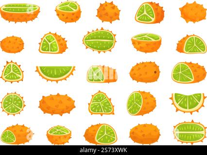 Le icone Kiwano impostano il vettore dei cartoni animati. Cibo naturale. Foglie di fiori. Le icone Kiwano impostano il vettore dei cartoni animati. Cibo naturale Illustrazione Vettoriale