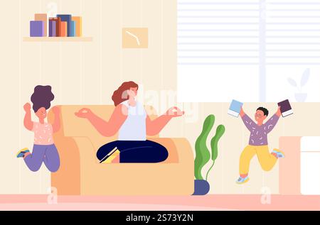 Caos a casa. Madre si calma con la meditazione. Bambini pazzi che corrono, bambini felici a casa durante le vacanze, le vacanze o l'apprendimento a distanza. Scena vettoriale familiare, meditazione madre. Caos a casa. Madre si calma con la meditazione. Bambini pazzi che corrono, bambini felici a casa durante le vacanze, le vacanze o l'apprendimento a distanza. Scena vettoriale famiglia Illustrazione Vettoriale