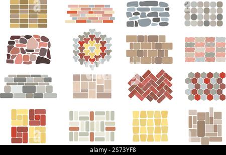 Piastrelle per pavimentazione in pietra. Pavimento pavimentato in giardino, superfici in pietra. Piastrelle nel parco o in città, superficie del cortile del patio. Mattoni piastrelle design degli interni set vettoriale di pavimentazione struttura in pietra illustrazione. Piastrelle per pavimentazione in pietra. Pavimento pavimentato in giardino, superfici in pietra. Piastrelle nel parco o in città, superficie del cortile del patio. Gli interni delle piastrelle in mattoni progettano un set vettoriale decente Illustrazione Vettoriale