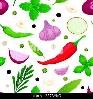 Spezie culinarie senza cuciture. Cipolla di cartoni animati, peperoncino e aglio. Basilico fresco, rosmarino verde, fette di cipolle. Stampa vettoriale brillante in cucina. Illustrazione della cipolla e delle spezie. Spezie culinarie senza cuciture. Cipolla di cartoni animati, peperoncino e aglio. Basilico fresco, rosmarino verde, fette di cipolle. Stampa vettoriale brillante in cucina Illustrazione Vettoriale