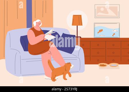 Donna che legge in salotto. La nonna seduta sul divano leggeva il giornale e il grande gatto rosso sfregava contro le gambe. Serata accogliente a casa illustrazione vettoriale. Una donna di carattere legge un libro. Donna che legge in salotto. La nonna seduta sul divano leggeva il giornale e il grande gatto rosso sfregava contro le gambe. Serata accogliente a casa illustrazione vettoriale Illustrazione Vettoriale