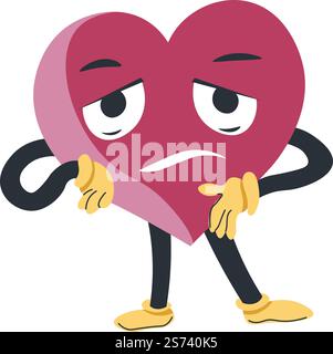 Personaggio deluso o esausto, carattere del cuore isolato con un'espressione del viso stanca in posa. Emozione d'amore sorpresa o turbata. Adesivo o emoji, emoticon. Vettore in stile piatto. Vettore di caratteri del cuore esausti o delusi Illustrazione Vettoriale