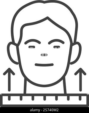 Misurazione della testa e del volto del personaggio maschile, tabella delle dimensioni e delle taglie per dettagli su abbigliamento e accessori. Uomo con righello, distanza tra le orecchie. Icona isolata, etichetta minimalista line art. Vettore in piano. Dimensioni e misurazione della testa del volto umano Illustrazione Vettoriale