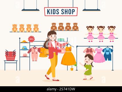 Kids Shop Building Template disegnata a mano Cartoon Flat Style Illustrazione con attrezzature per bambini come vestiti o giocattoli per il concetto di shopping Illustrazione Vettoriale