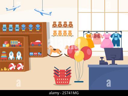Kids Shop Building Template disegnata a mano Cartoon Flat Style Illustrazione con attrezzature per bambini come vestiti o giocattoli per il concetto di shopping Illustrazione Vettoriale
