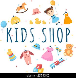 Kids Shop Building Template disegnata a mano Cartoon Flat Style Illustrazione con attrezzature per bambini come vestiti o giocattoli per il concetto di shopping Illustrazione Vettoriale